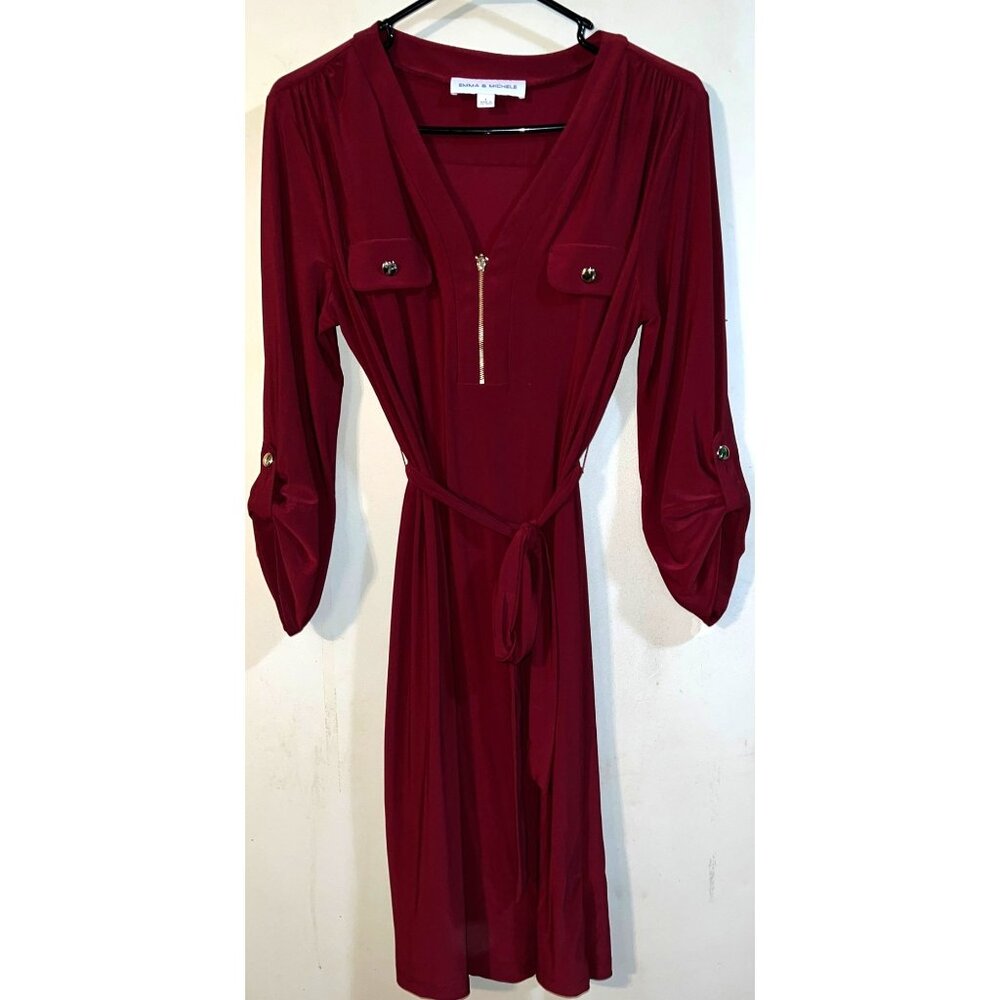 Emma & Michele Womens Burgundy Belted Zip Front Dress Long Sleeve Large